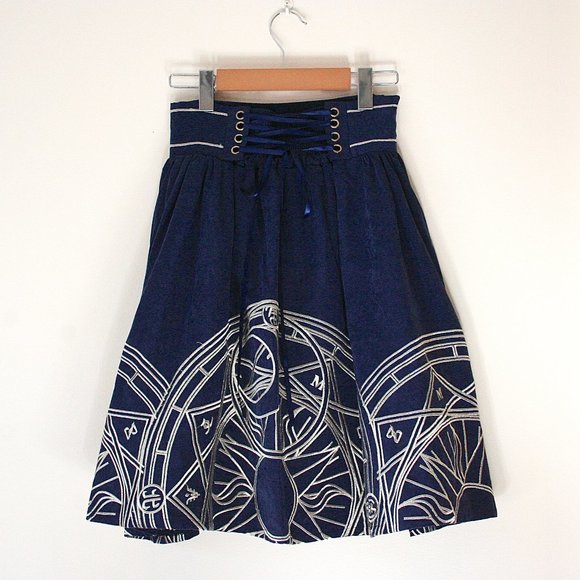 Vintage Dresses & Skirts - Unique Navy Blue A Line Skater Skirt With Golden Celestial Embroidery Size S
